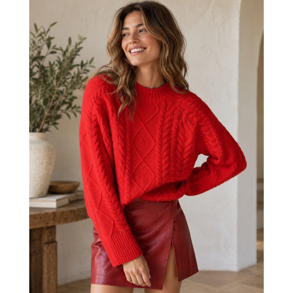 J.Crew Cable-knit Rollneck Roll Neck Wool Alpaca Blend Supersoft Red Sweater XL